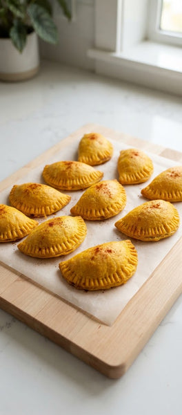 Nine golden-brown baked Jamaican patties arranged on a wooden cutting board lined with parchment paper, set on a light marble countertop near a window.